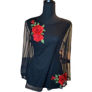 Sheer Black Top with Rose patches